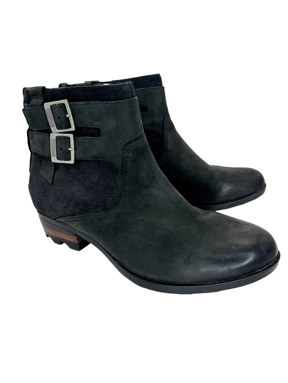 Sorel Lolla Bootie Ankle Boot Black Leather Suede Low Heel Women's 10 Rain Snow
